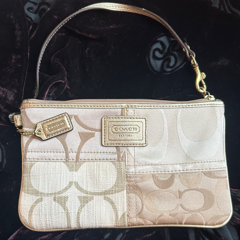 Coach Signiture Beige and Gold leather detail Wristlet